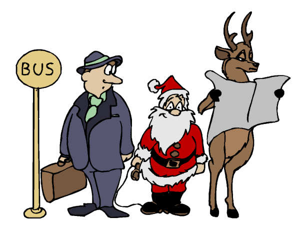 Dessin du pre nol et de son renne attendant le bus