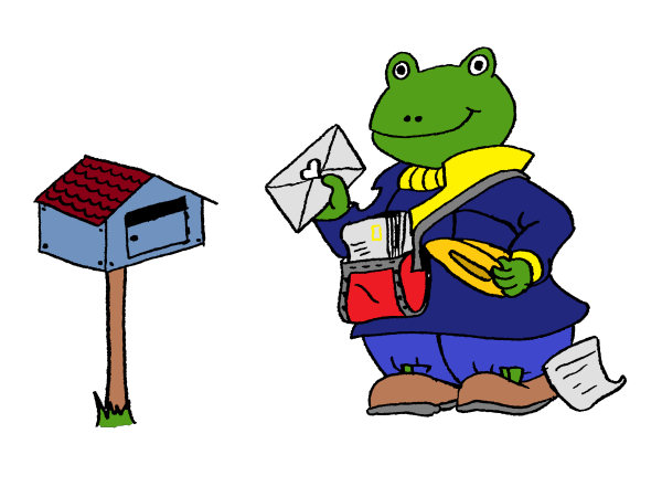 Dessin d'une grenouille facteur qui distribue du courrier