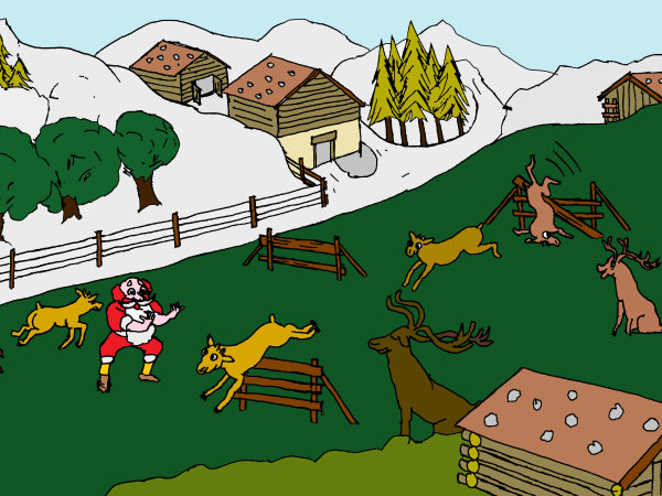 Dessin du pre nol qui entraine ses rennes