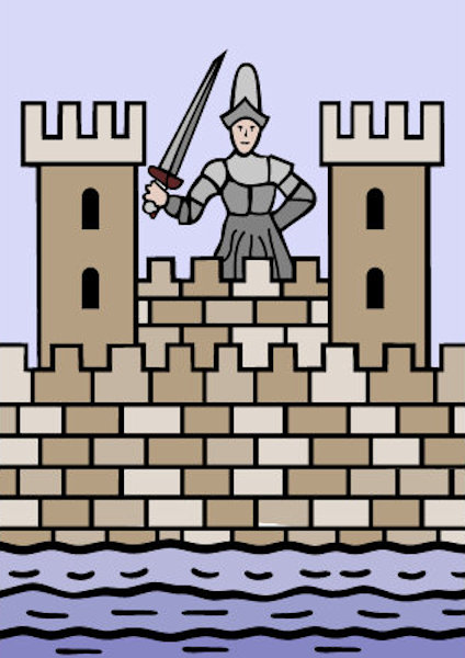 Dessin d'un chevalier en haut d'un chteau fort