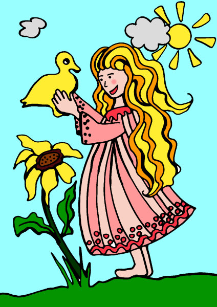 Dessin d'une petite fille tenant un oiseau